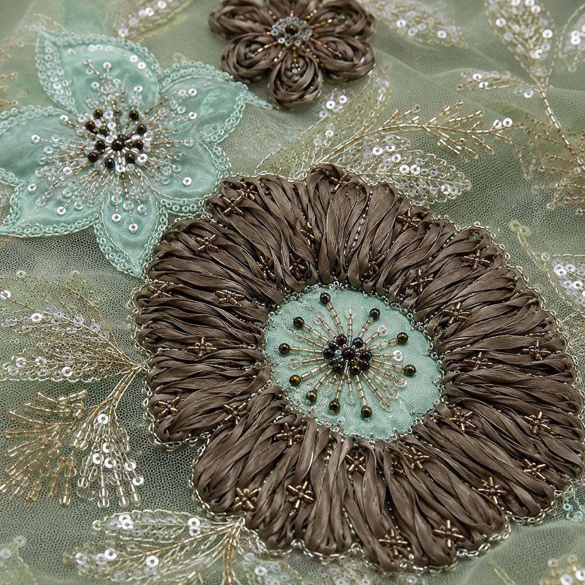 Luxury Sage Green Couture Lace Fabric, 3D Floral Beaded Embroidered Tulle with Sequins, Designer Fabric for Evening Gown & Prom Dress