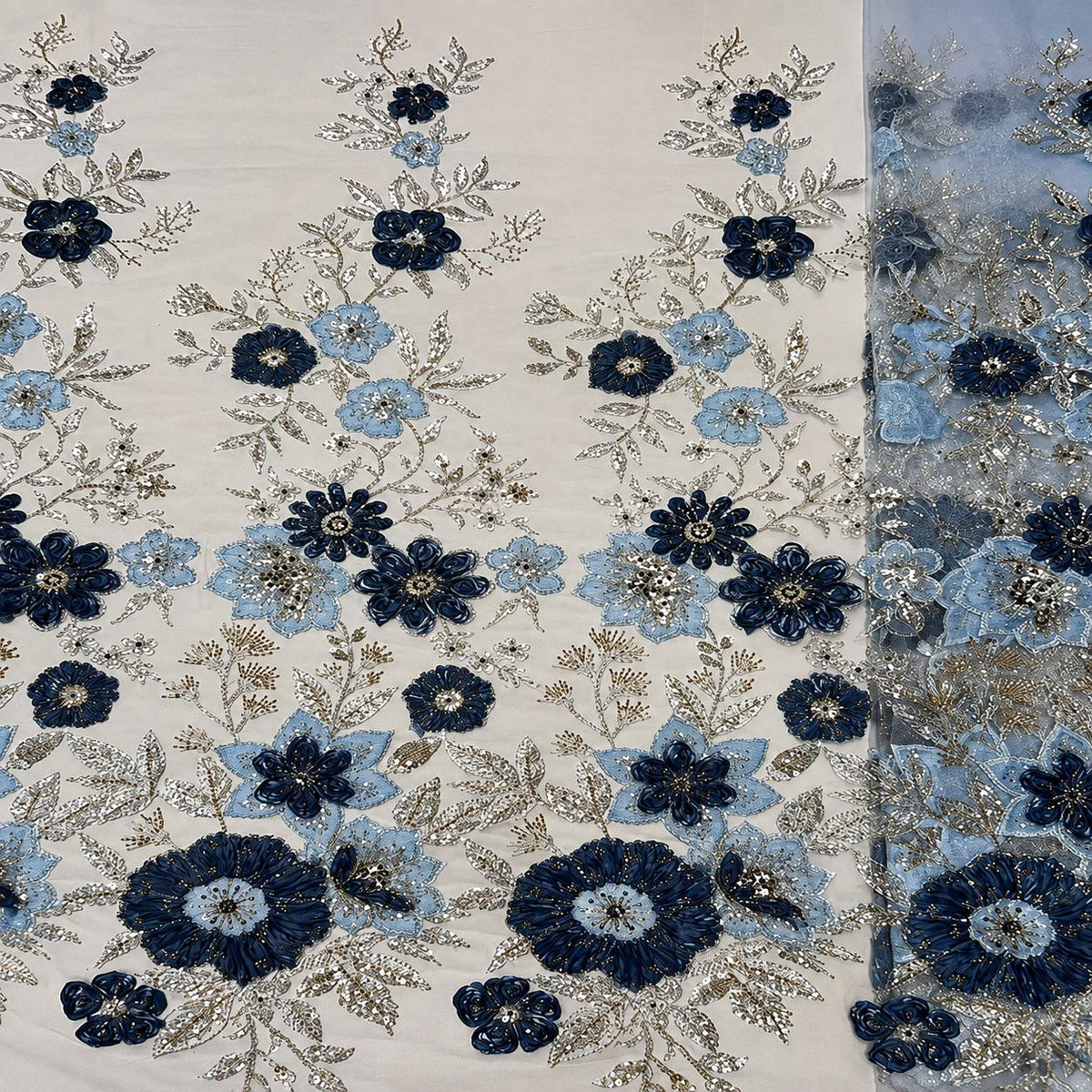 Luxury 3D Floral Beaded Lace Fabric, Dusty Blue Navy Sequin Embroidered Tulle by the Yard for Couture Evening Gown, Prom Dress & Designer