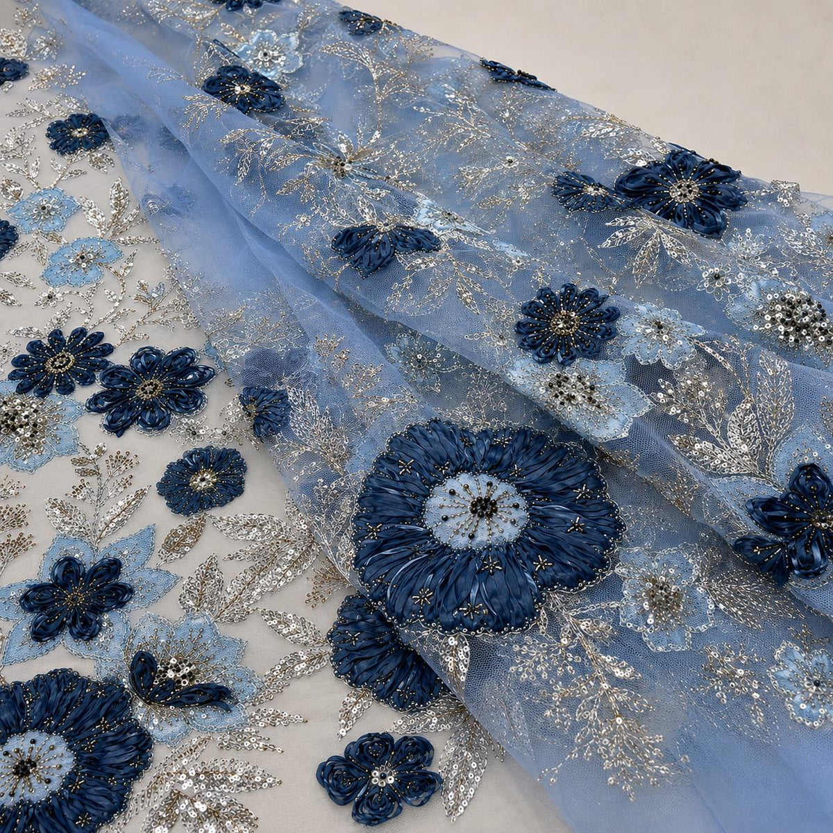 Luxury 3D Floral Beaded Lace Fabric, Dusty Blue Navy Sequin Embroidered Tulle by the Yard for Couture Evening Gown, Prom Dress & Designer