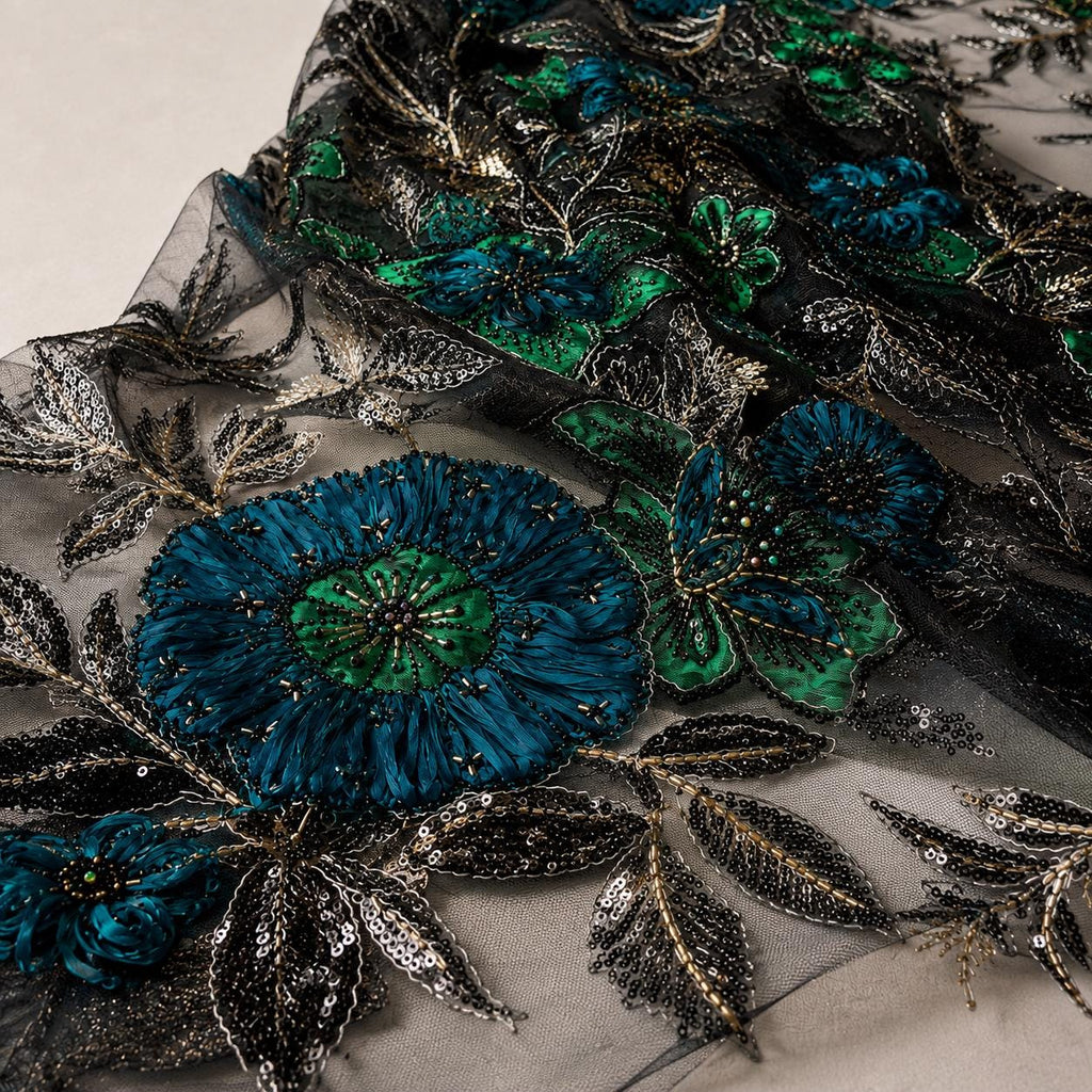 Teal Evening Gown Lace Fabric, 3D Floral Beaded Sequin Mesh for Prom & Formal Dresses