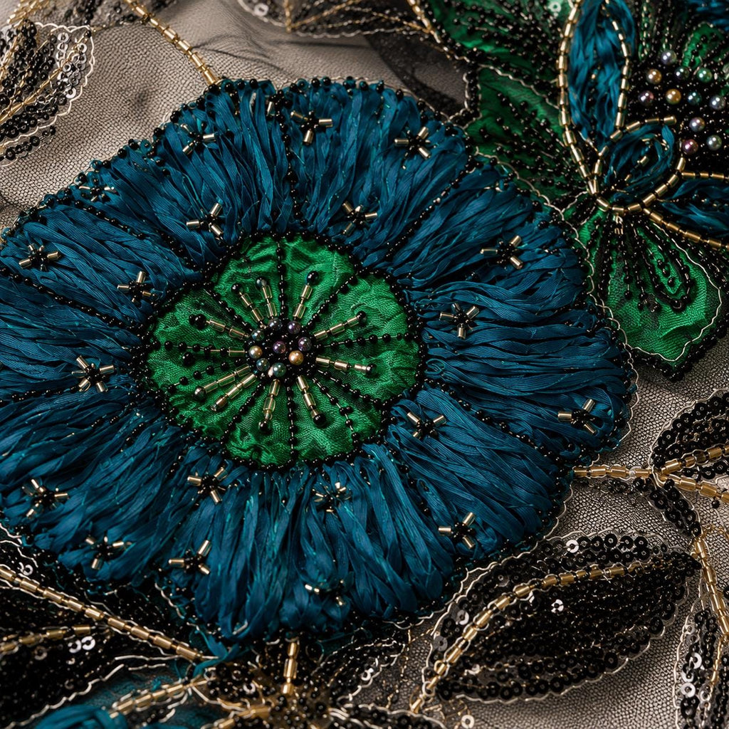 Teal Evening Gown Lace Fabric, 3D Floral Beaded Sequin Mesh for Prom & Formal Dresses