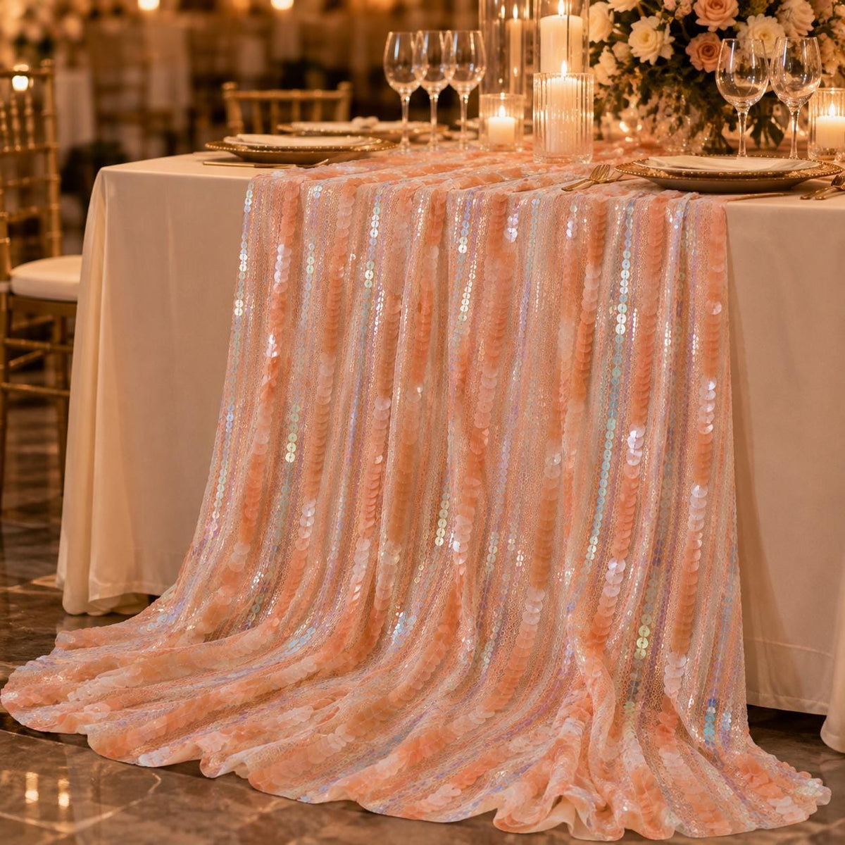 Peach Coral Paillette Sequin Fabric by the Yard, Iridescent Holographic Mesh Fabric, Large Sequin Fabric for Prom Dress & Gown