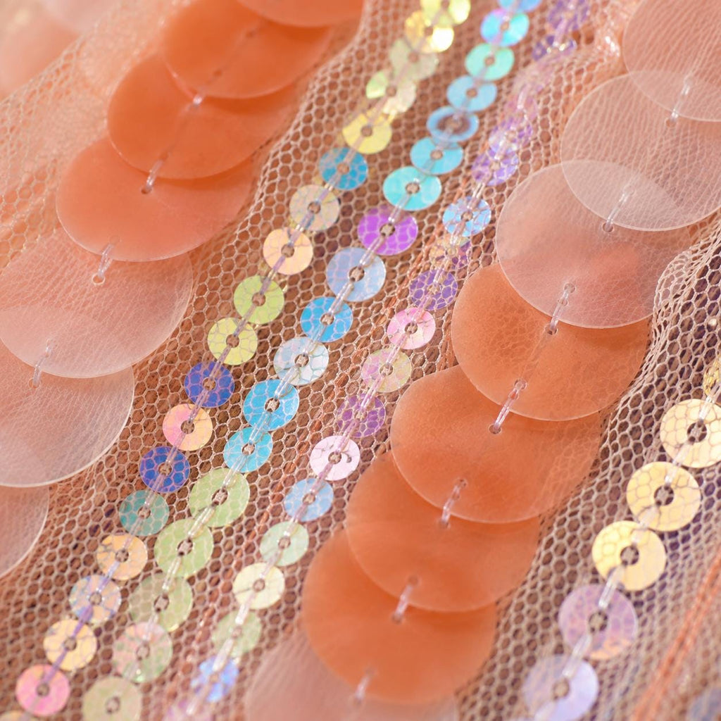Peach Coral Paillette Sequin Fabric by the Yard, Iridescent Holographic Mesh Fabric, Large Sequin Fabric for Prom Dress & Gown