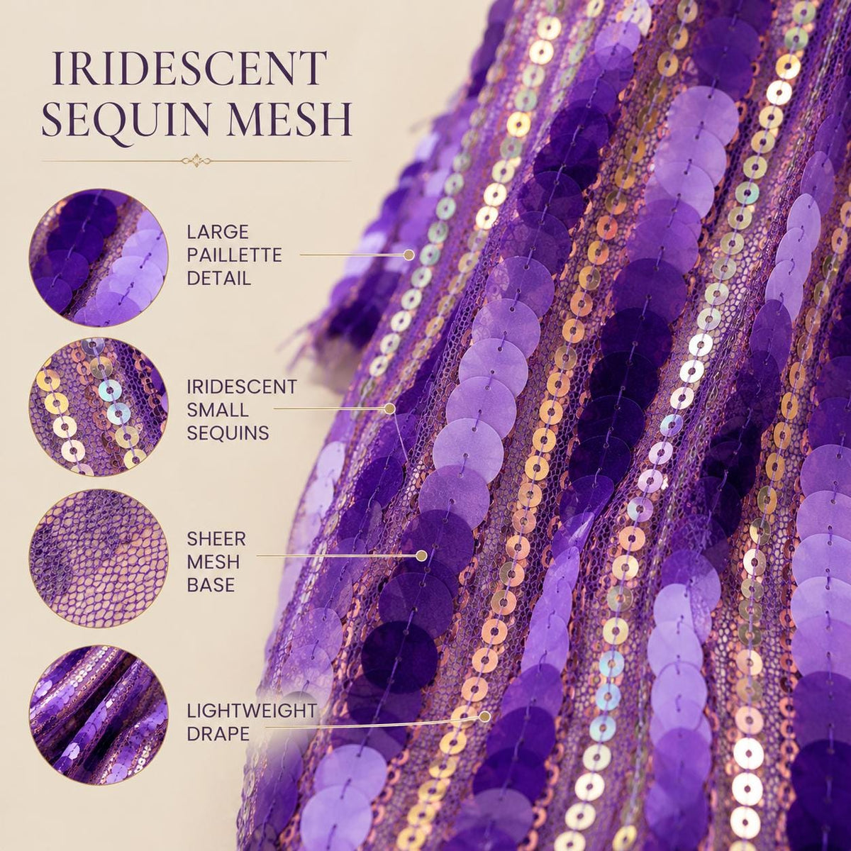 Purple Iridescent Paillette Sequin Fabric by the Yard, Lavender Sequin Mesh Fabric for Prom Dress, Evening Gown, Costume & Backdrop