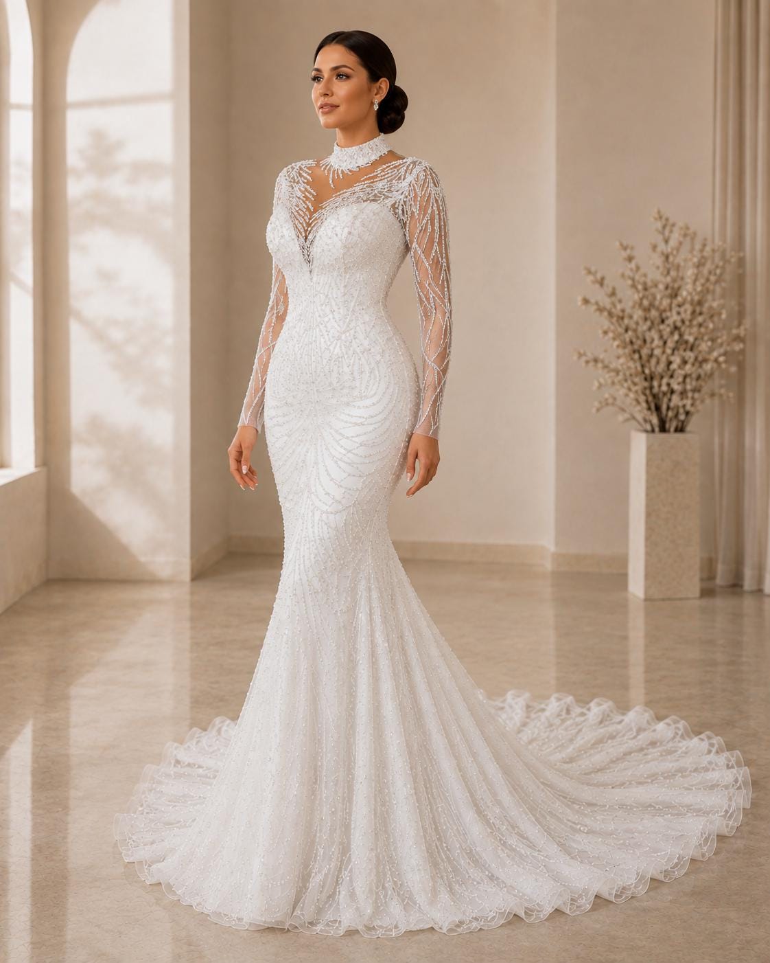 High-Neck Beaded Mermaid Wedding Dress with Long Sleeves