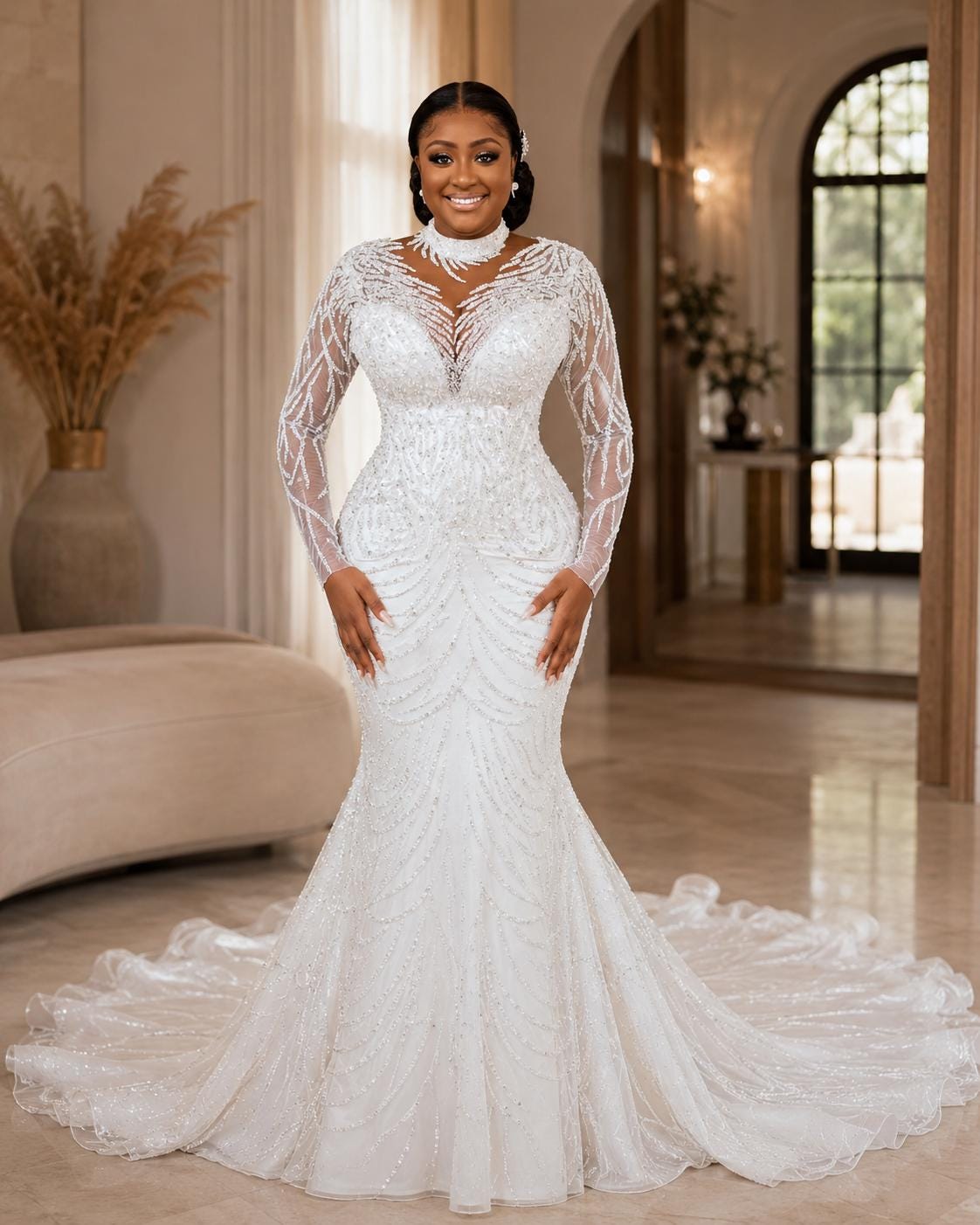 High-Neck Beaded Mermaid Wedding Dress with Long Sleeves