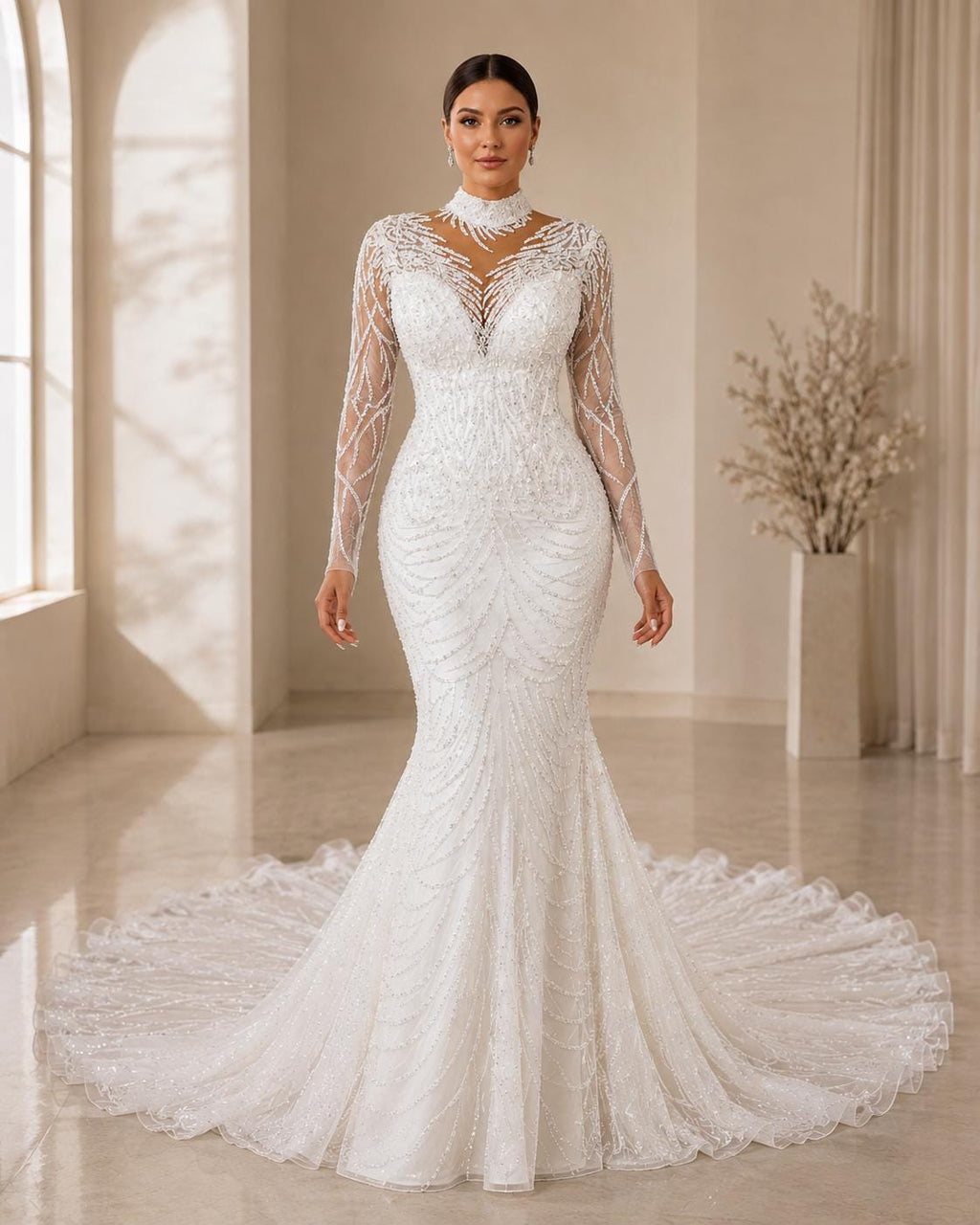 High-Neck Beaded Mermaid Wedding Dress with Long Sleeves