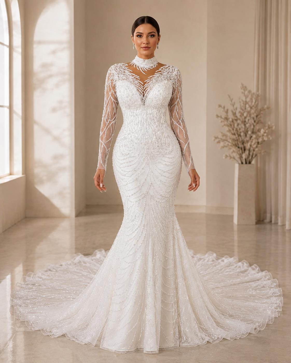 High-Neck Beaded Mermaid Wedding Dress with Long Sleeves