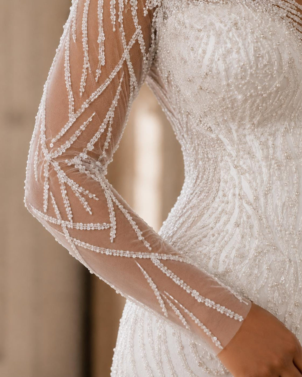 High-Neck Beaded Mermaid Wedding Dress with Long Sleeves