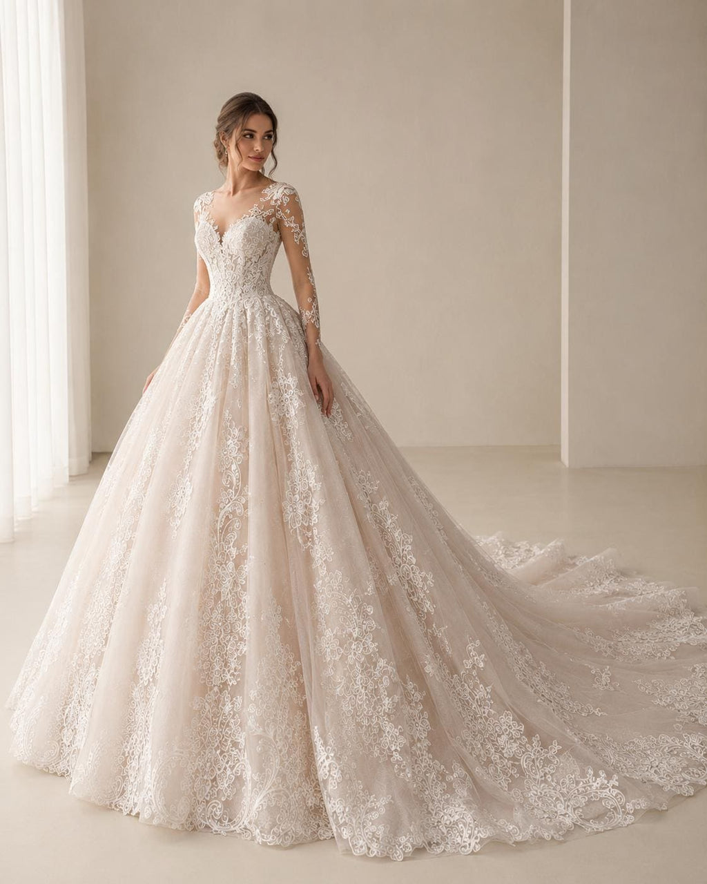 Lace Ball Gown Wedding Dress with Illusion Back